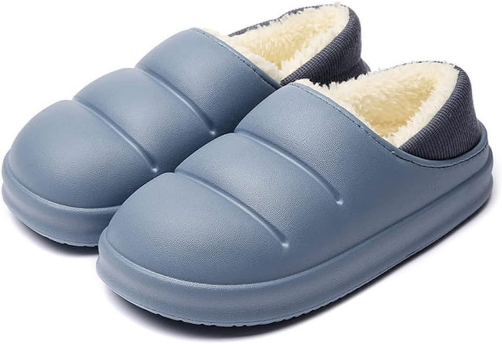 Blaue Hausschuhe mit Plüschfutter, rutschfest, bequem, für Damen und Herren.