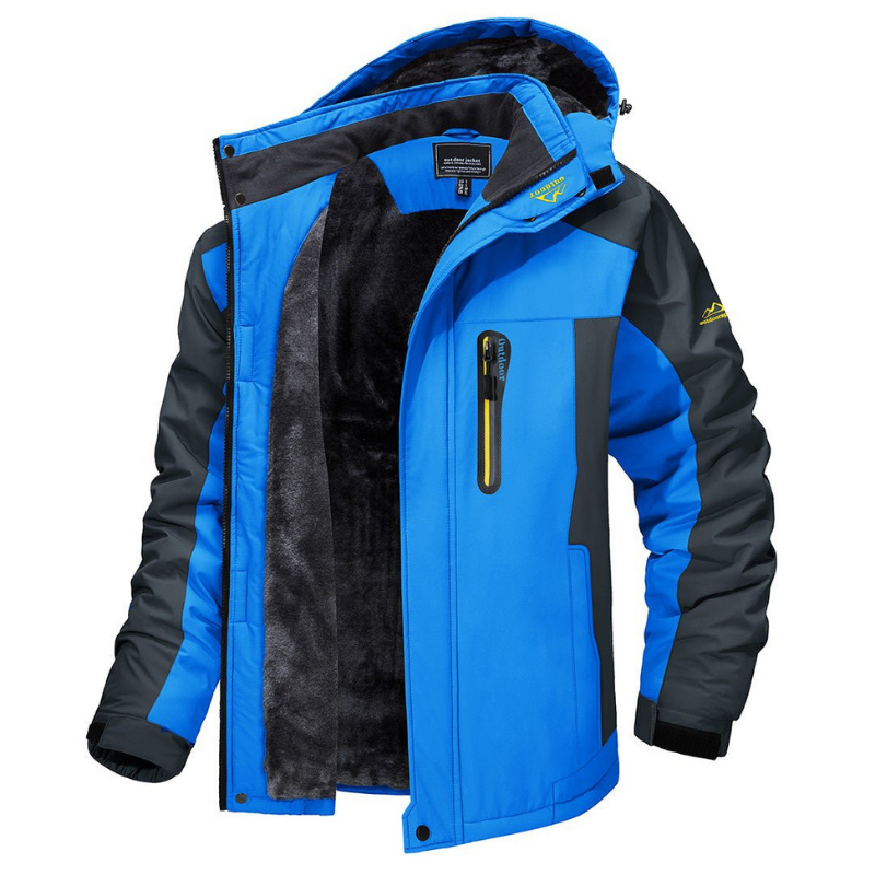 Blaue Herren-Skijacke, wasserdicht, winddicht, mit Kapuze und Reißverschlusstasche.