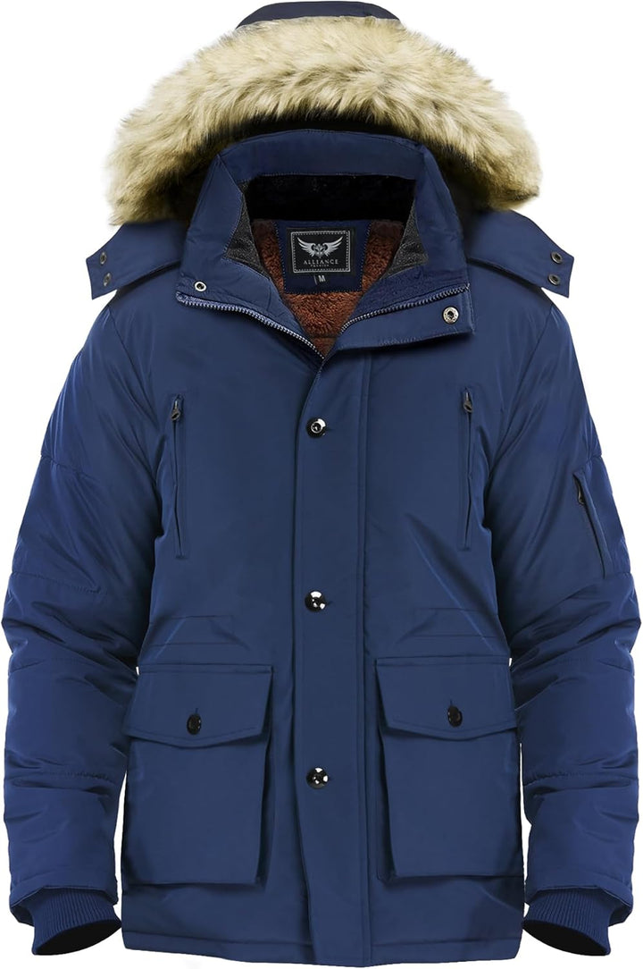 Blaue Winterjacke mit Kapuze und Kunstfellbesatz, warm, wasserdicht, Herrenmode.
