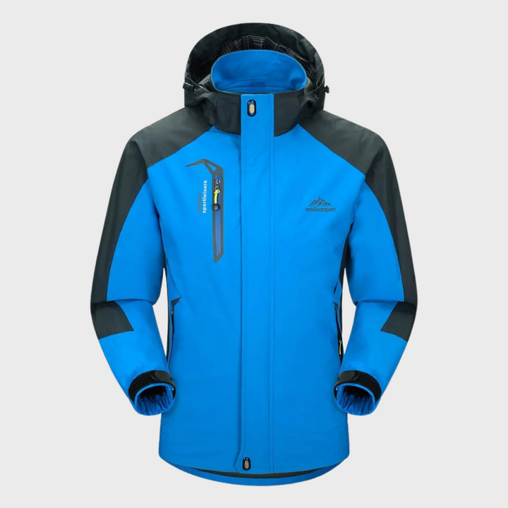 Blaue Outdoor-Jacke mit Kapuze, wasserdicht, winddicht, Herren, funktional, atmungsaktiv.