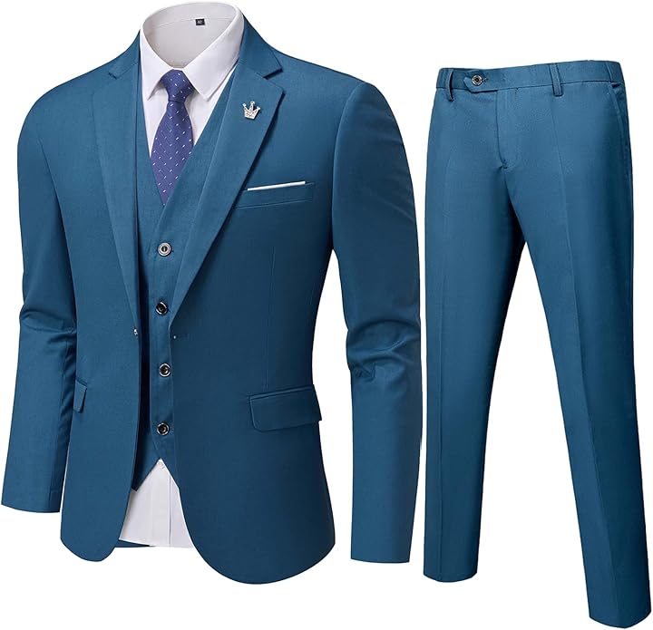 Blauer Herrenanzug dreiteilig, Sakko, Weste, Hose, formell, elegant, Hochzeit, Business.