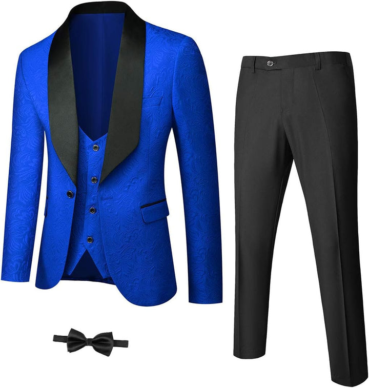 Blauer Herrenanzug mit schwarzem Revers, Weste, Hose und Fliege, elegant, festlich.