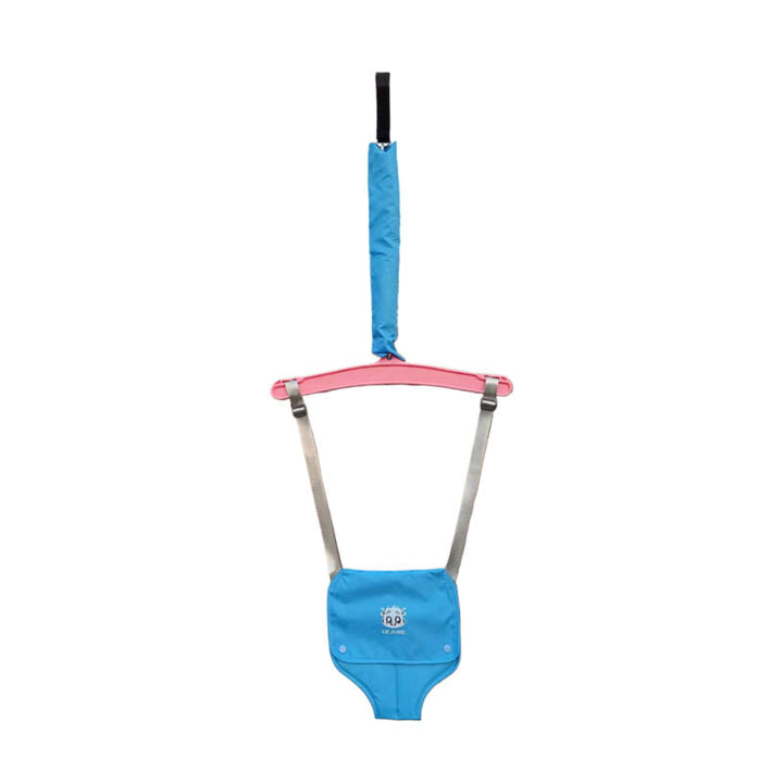 Blauer Baby-Türhopser mit pinkem Griff, verstellbare Gurte, sicherer Spielspaß für Kleinkinder.
