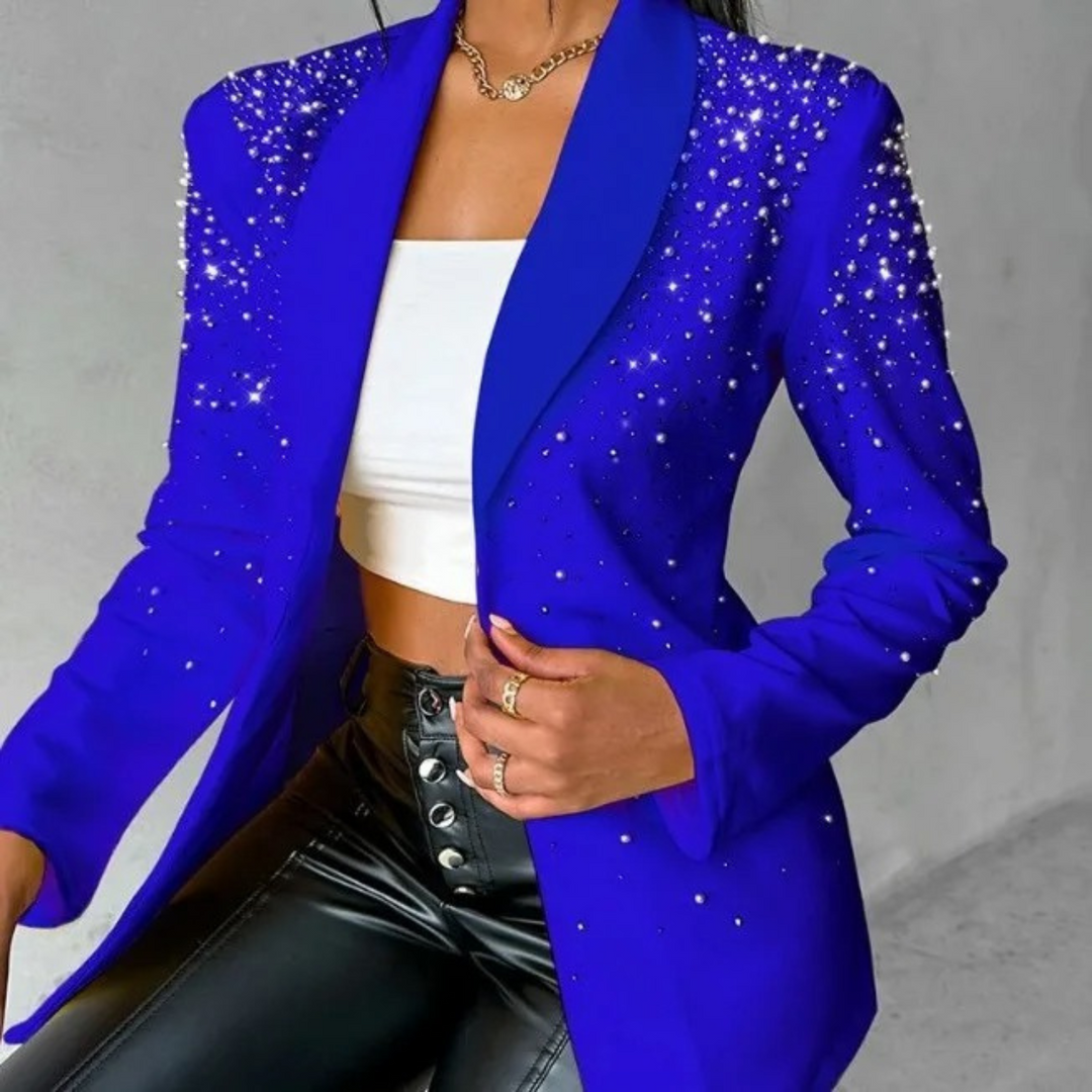 Blaue Damenblazer mit Perlen, eleganter Stil, modisch, für besondere Anlässe.