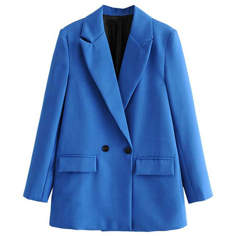 Blauer Damenblazer, zweireihig, elegant, modisch, Büro-Outfit, Herbstmode, Polyester.
