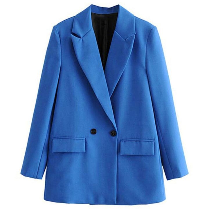 Blauer Damenblazer, zweireihig, elegant, modisch, Büro-Outfit, Herbstmode, Polyester.