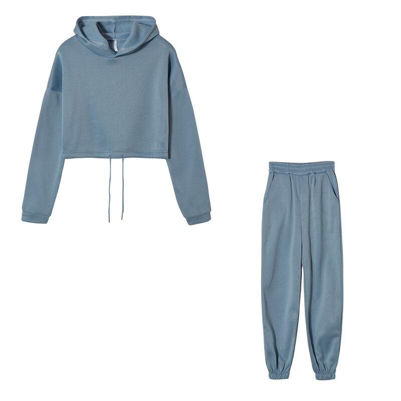 Blauer Damen-Hoodie und Jogginghose Set, Freizeitkleidung, bequem, modisch, Baumwolle.