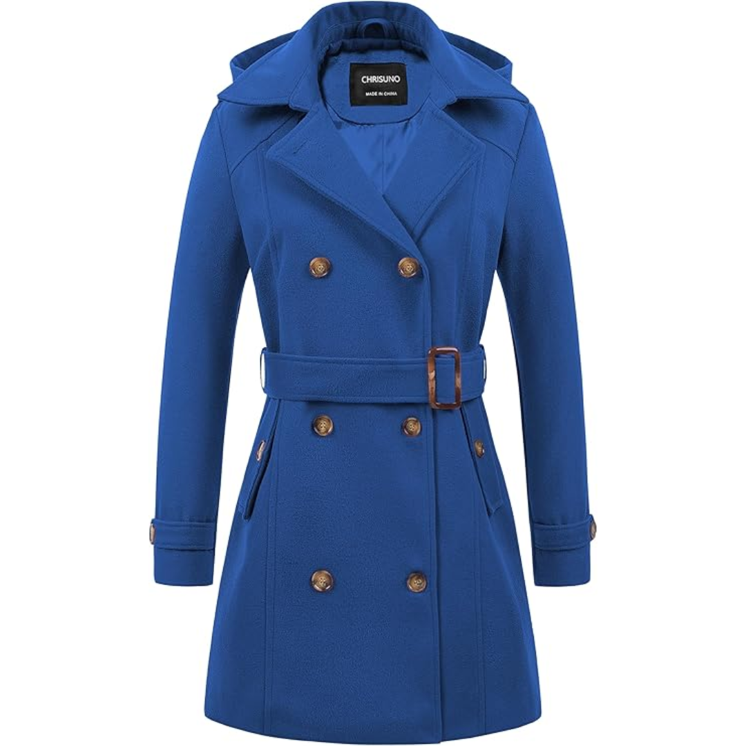 Blauer Damenmantel mit Kapuze, doppelreihig, Gürtel, Knöpfe, eleganter Wintermantel.