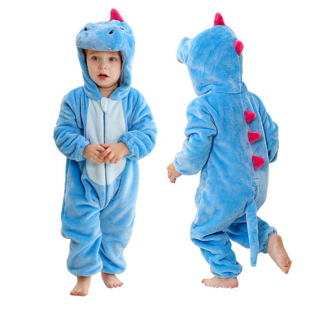 Kleinkind im blauen Dinosaurier-Kostüm mit Kapuze und rosa Stacheln, Plüschmaterial.