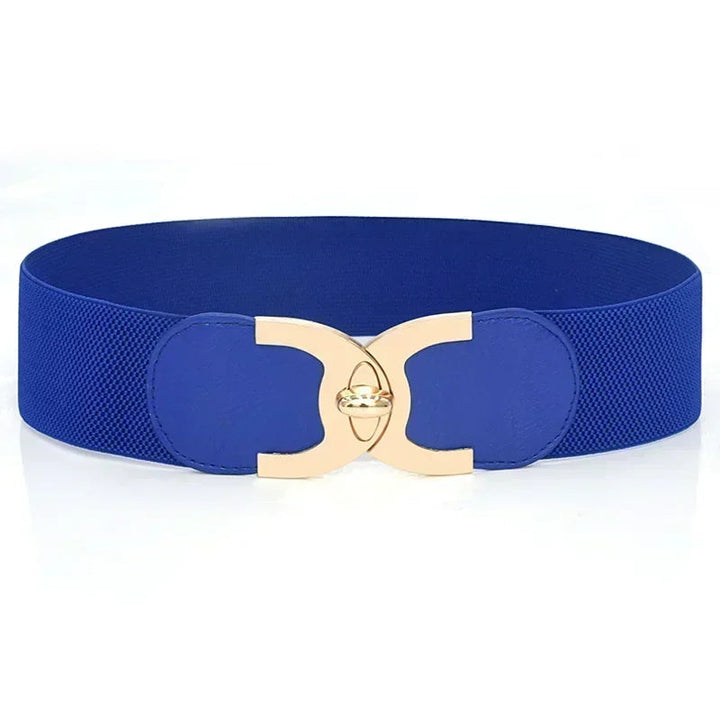 Blauer elastischer Gürtel mit goldener Schnalle, modisches Accessoire für Damen.