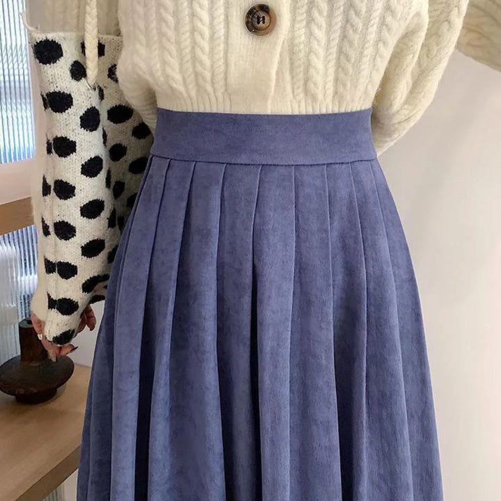 Damen Faltenrock blau, hoch tailliert, aus Baumwolle, elegant, modisch, Herbstmode.