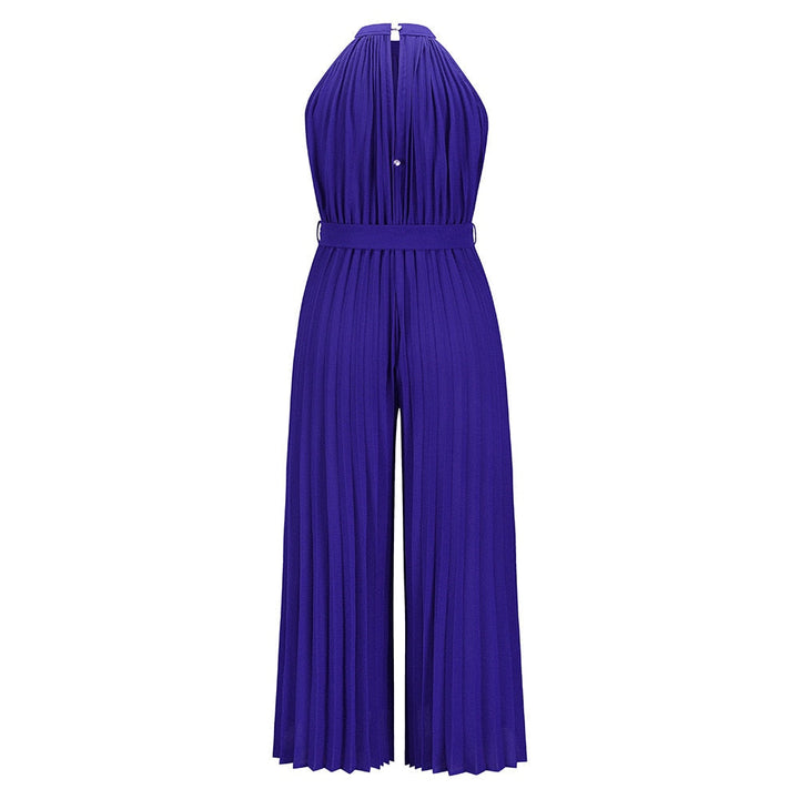 Blauer plissierter Jumpsuit, ärmellos, elegantes Design, Damenmode, Abendkleidung.