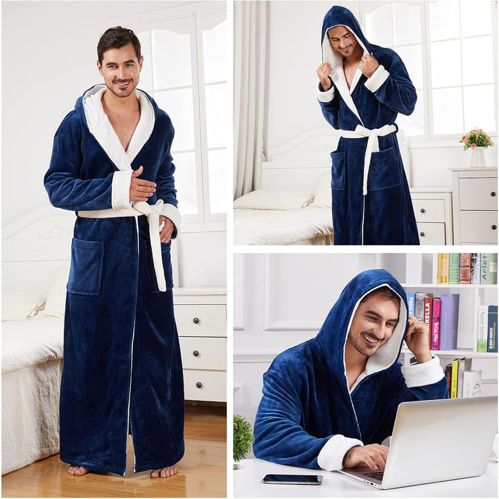 Männer Bademantel blau, Fleece, Kapuze, Taschen, Gürtel, gemütlich, warm, Schlafzimmer, Freizeit.