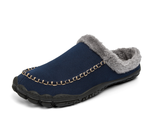 Dunkelblauer Herren-Hausschuh mit grauem Kunstfellfutter, rutschfeste Sohle, bequem, warm.