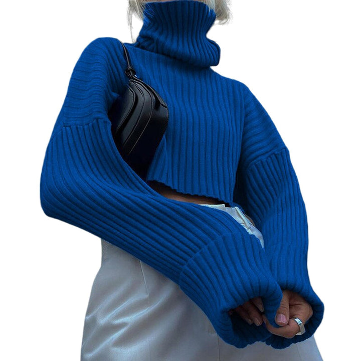 Blaue Rollkragenpullover Damen, gerippt, langärmelig, modisch, Herbstmode.