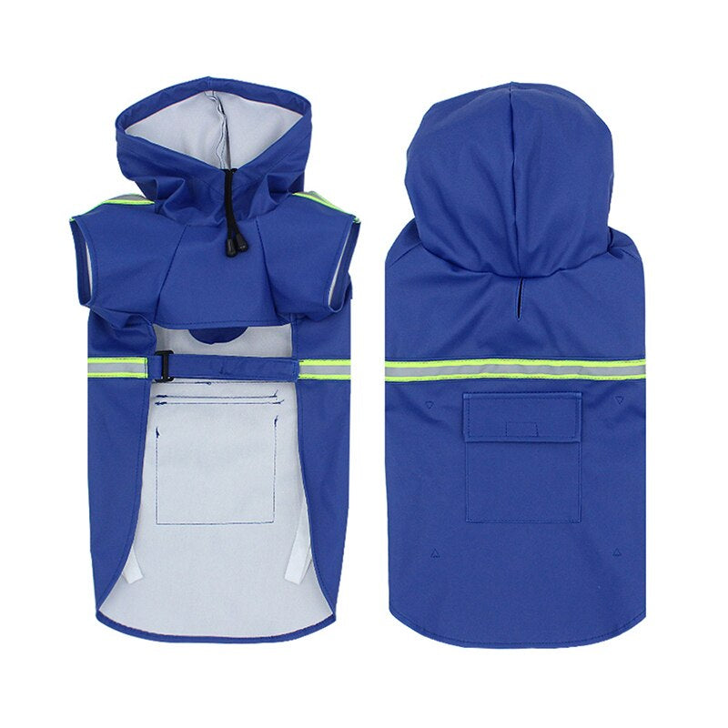 Blaue wasserdichte Hundejacke mit Kapuze und reflektierenden Streifen, ideal für Regenwetter.