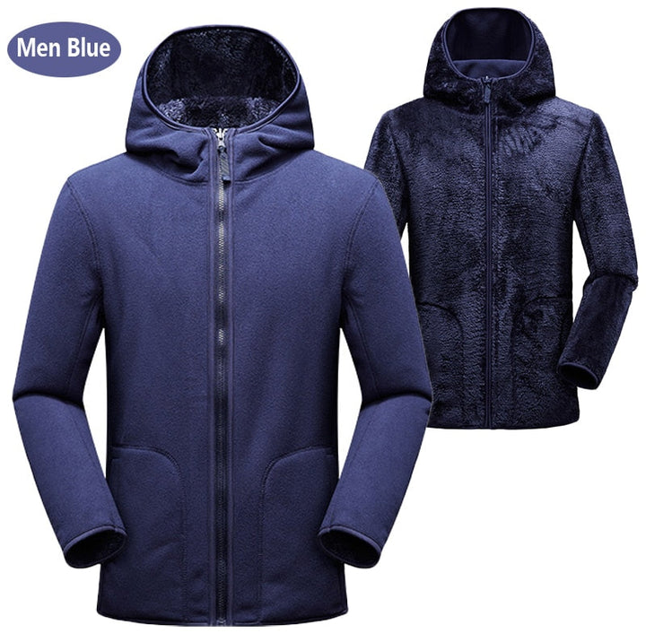 Dunkelblaue Herrenjacke mit Kapuze, Fleece-Innenfutter, Reißverschluss, Wintermode.