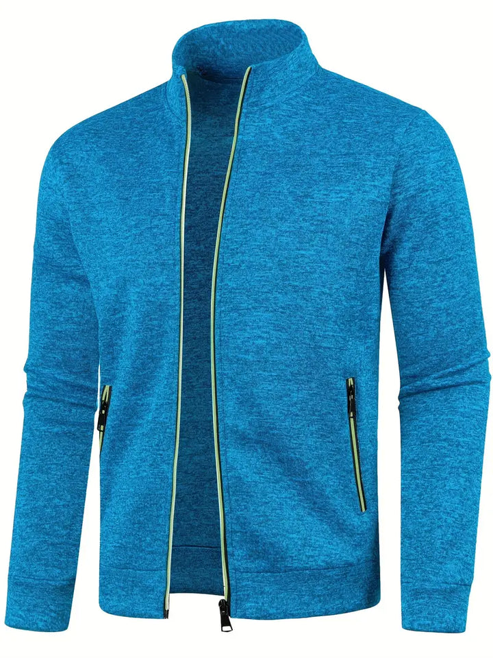 Blaue Herren-Sportjacke, Reißverschluss, atmungsaktiv, Polyester, Freizeitmode, Fitnessbekleidung.