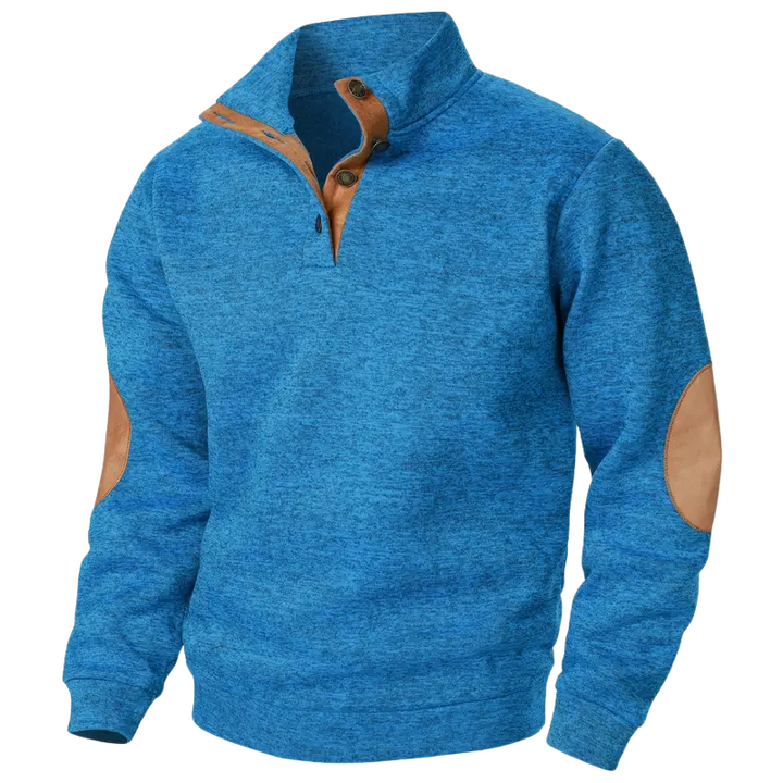 Blauer Herrenpullover mit braunen Ellbogen-Patches, Stehkragen, Knopfleiste, Baumwolle.