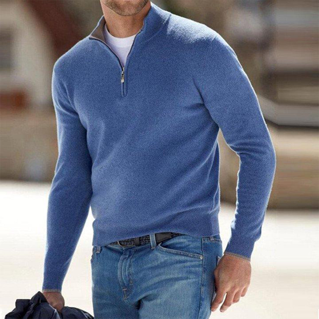 Blauer Herrenpullover mit Reißverschluss, Langarm, Baumwolle, Freizeitmode, stilvoll, bequem.