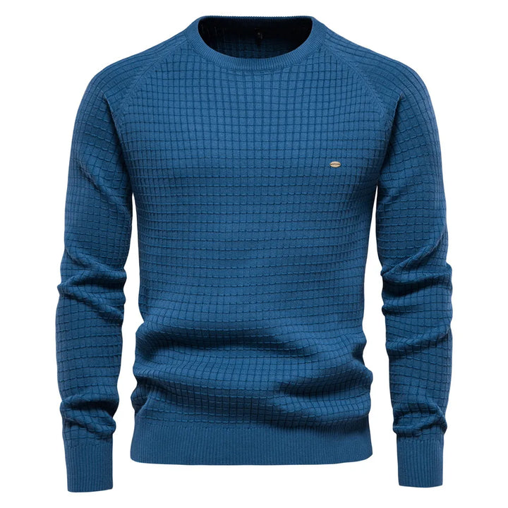 Blauer Herrenpullover, Strickmuster, Rundhalsausschnitt, Baumwolle, modisch, bequem.