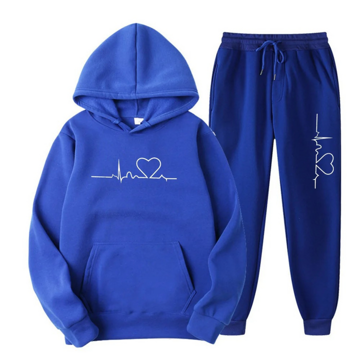 Blauer Hoodie und Jogginghose Set mit Herz-EKG-Design, Unisex, Baumwolle, Freizeitkleidung.