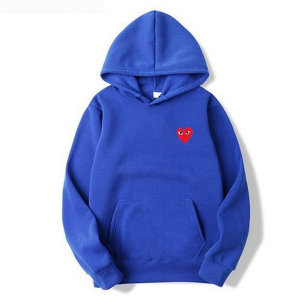 Blauer Damen-Hoodie mit rotem Herz-Design, Baumwolle, Kapuze, Kängurutasche, modisch.