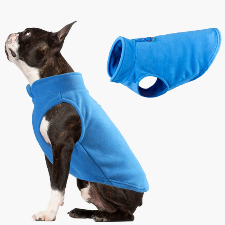 Blauer Hundemantel aus Fleece, ärmellos, für kleine Hunde, warm und bequem.