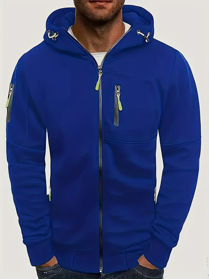 Blauer Herren-Hoodie mit Reißverschluss, Kapuze und Taschen, sportlich, bequem, modisch.