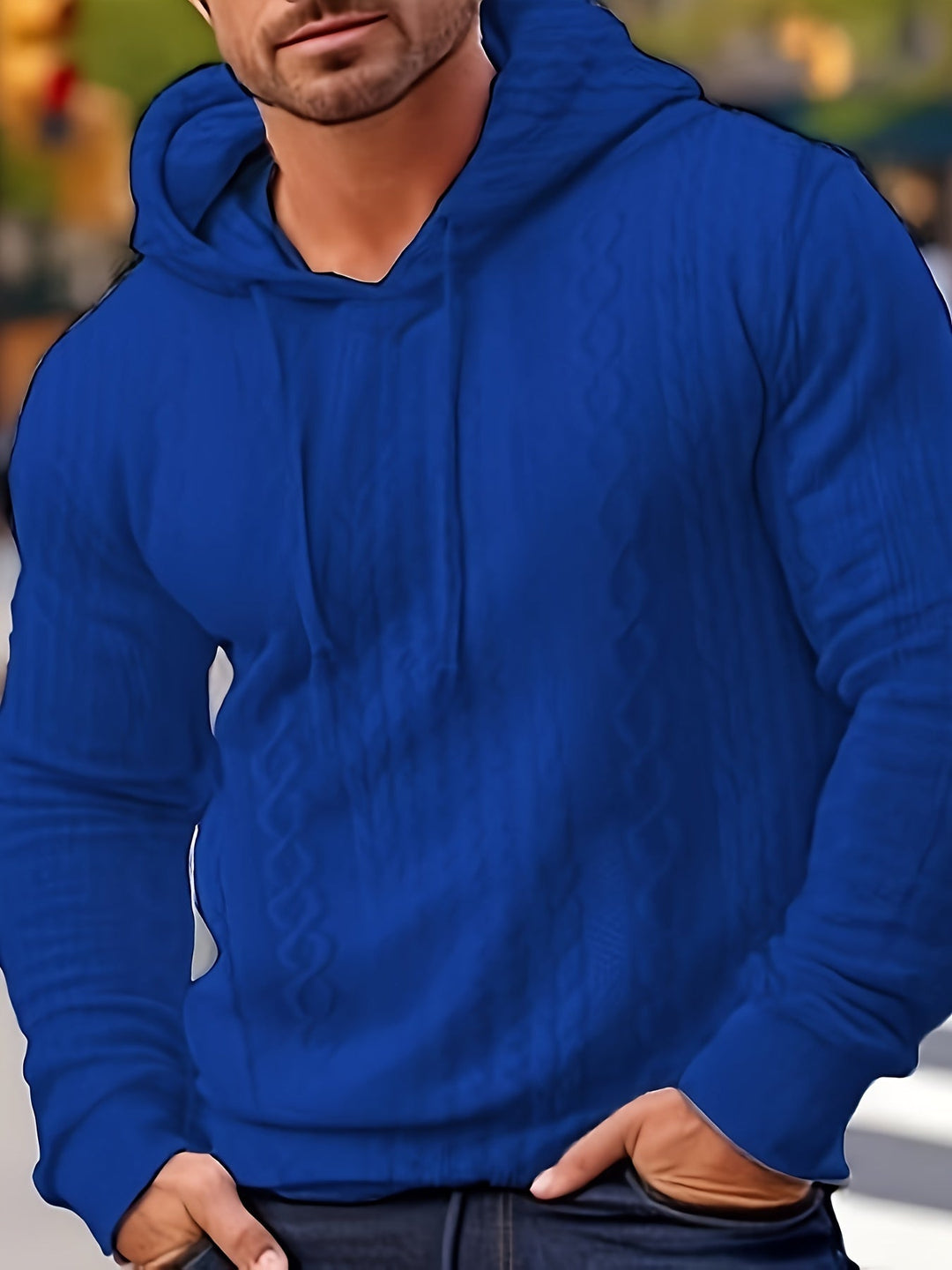 Blauer Herrenpullover mit Kapuze, Strickmuster, lässig, modisch, bequem, Freizeitkleidung.