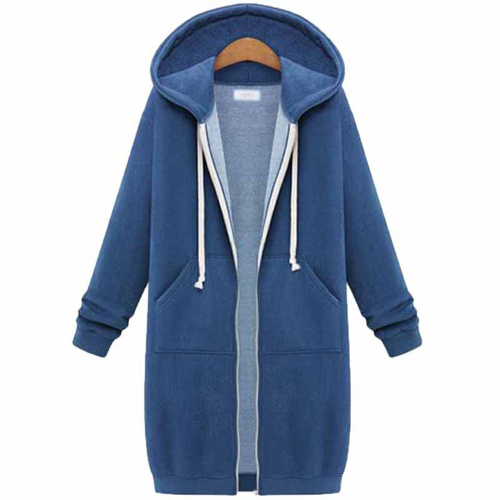 Blauer Kapuzenmantel aus Baumwolle mit Reißverschluss, lässiger Stil, Unisex-Mode.