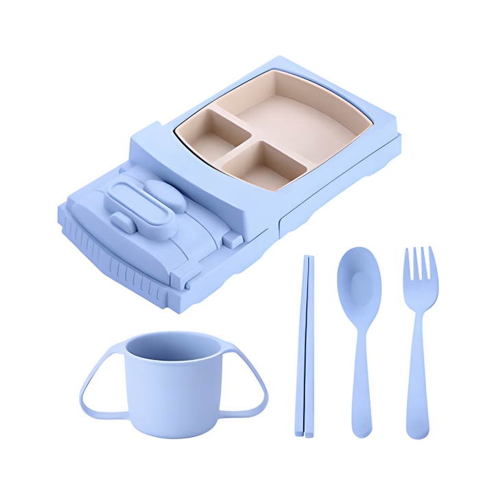 Blauer Silikon-Kinderteller in LKW-Form mit Besteck und Tasse, BPA-frei, spülmaschinenfest.