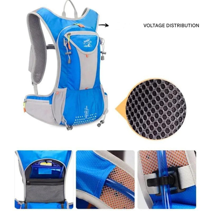 Blauer Lauf-Rucksack mit Netzrücken, Reißverschlusstaschen, ideal für Outdoor-Aktivitäten.