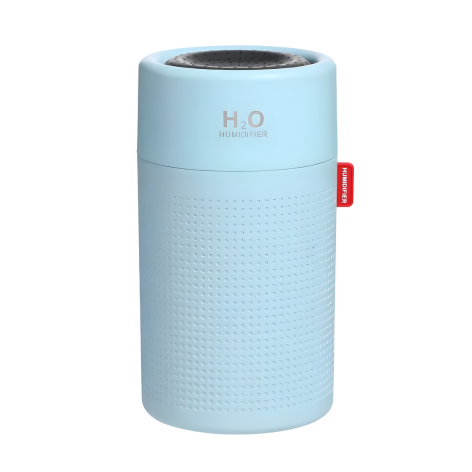 Blauer tragbarer Luftbefeuchter, zylindrisch, H2O-Design, USB-betrieben, für Zuhause oder Büro.