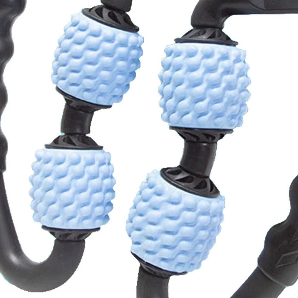Blauer Massageroller mit strukturierten Rollen, ideal für Muskelentspannung und Schmerzlinderung.
