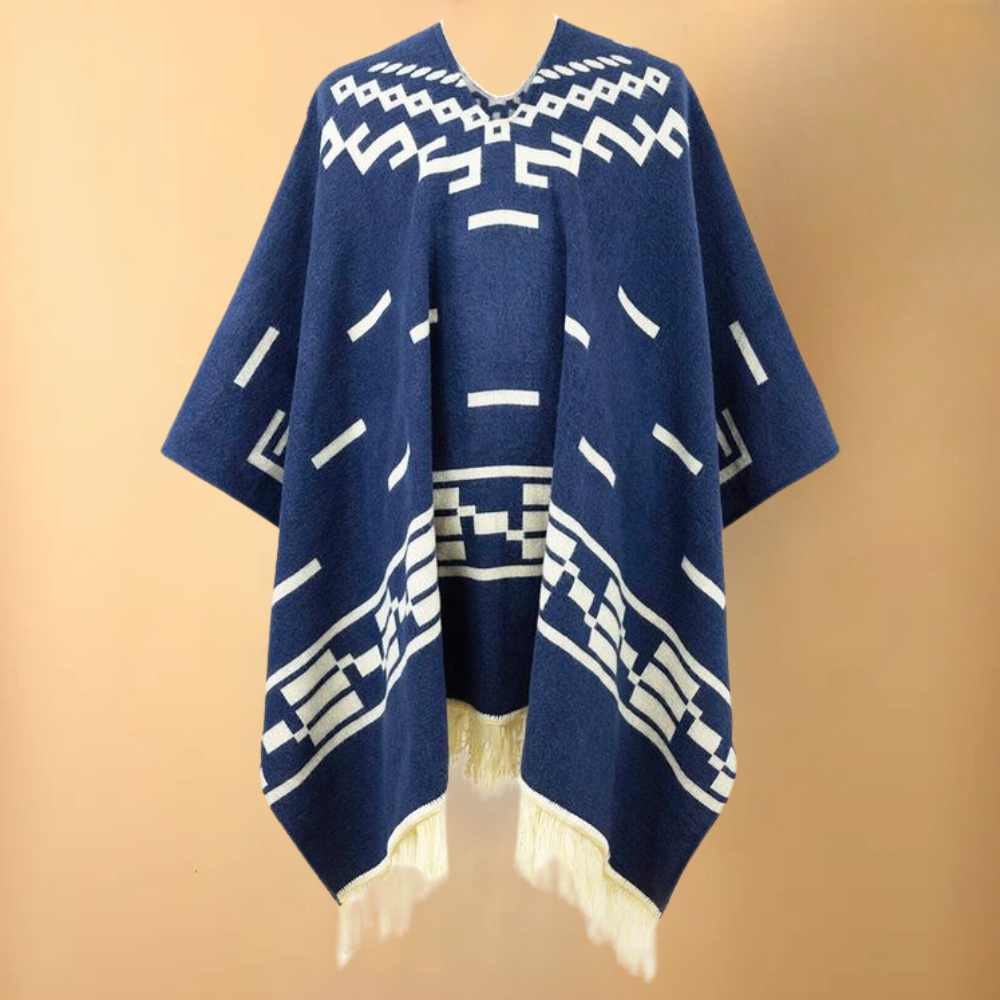Blauer Poncho mit geometrischem Muster, handgewebt, aus Wolle, traditionelles Design.