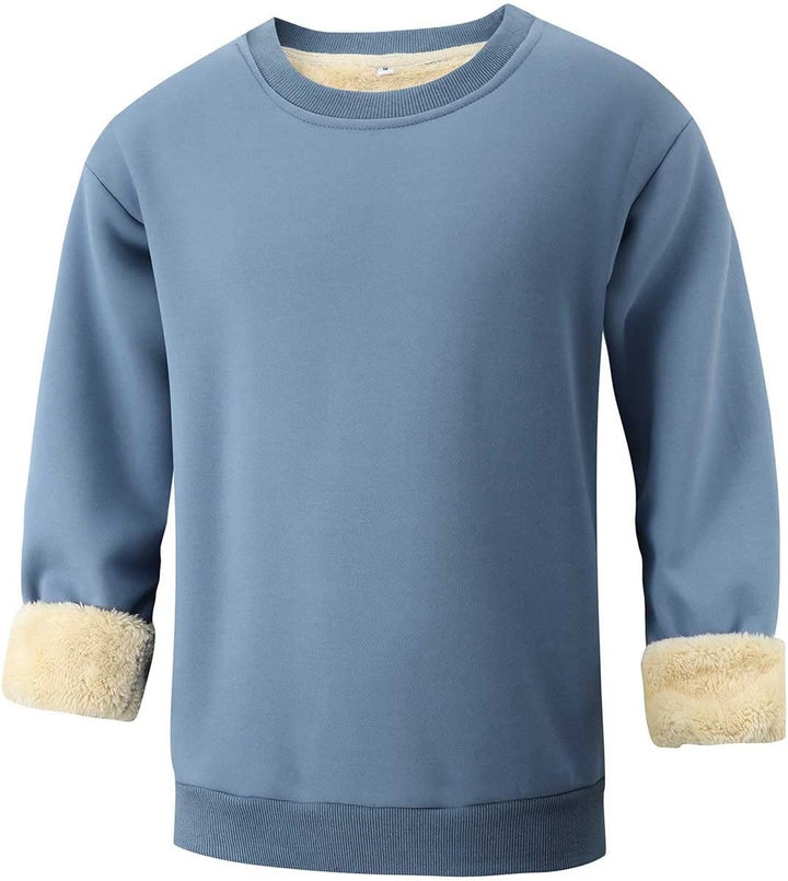 Blauer Damenpullover mit Plüschfutter, langärmelig, warm, bequem, modisch.