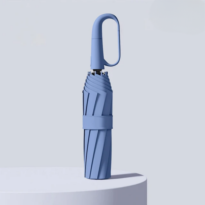 Blauer kompakter Regenschirm mit Haken, faltbar, winddicht, stilvolles Design.