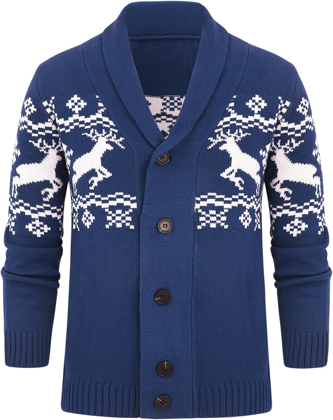 Blauer Strickcardigan mit Rentiermuster, Knöpfen, Wintermode, Herrenbekleidung.