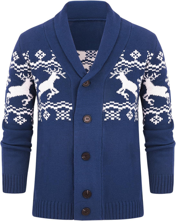 Blauer Strickcardigan mit Rentiermuster, Knöpfen, Wintermode, Herrenbekleidung.