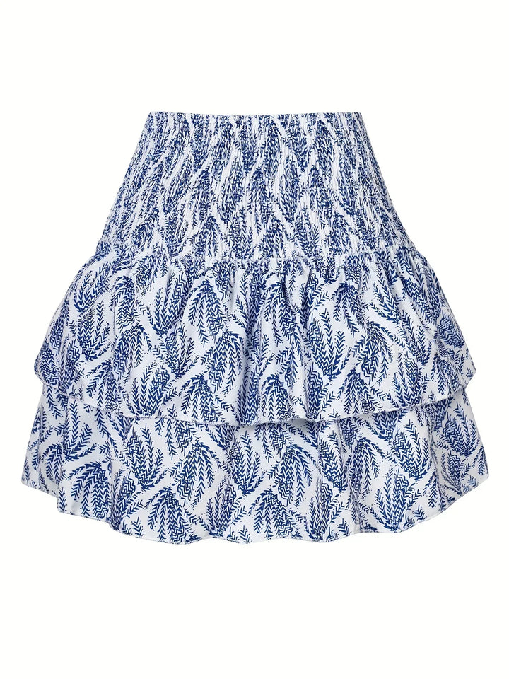 Blauer Rüschenrock mit Blattmuster, Damenmode, Sommerkleidung, Baumwolle, elegant, modisch.