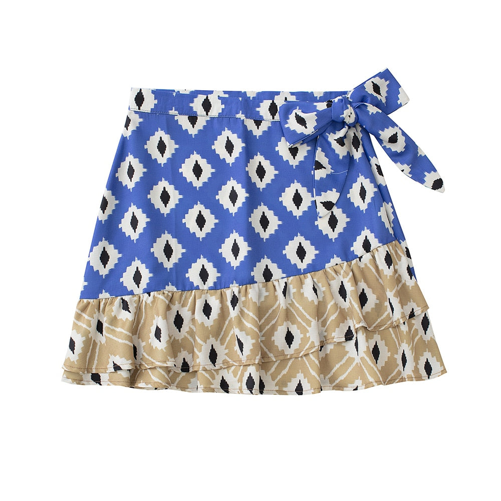 Blauer Rock mit Rüschen, Ikat-Muster, Schleife, Damenmode, Sommerkleidung, Baumwolle.