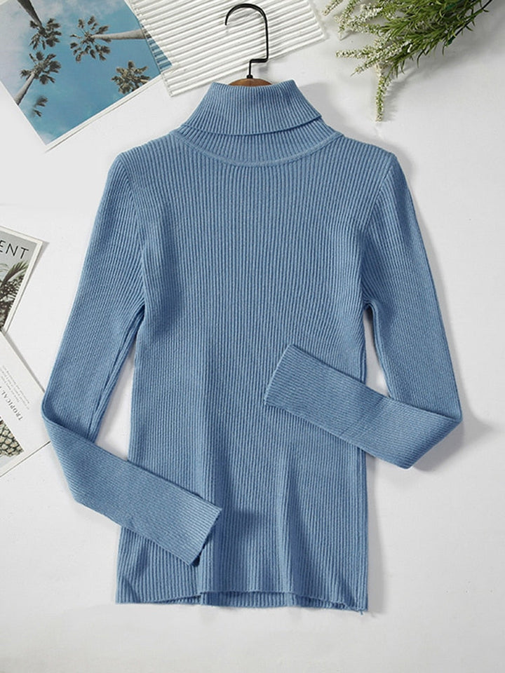 Blauer Rollkragenpullover Damen, gerippt, langärmelig, Baumwolle, modisch, elegant.