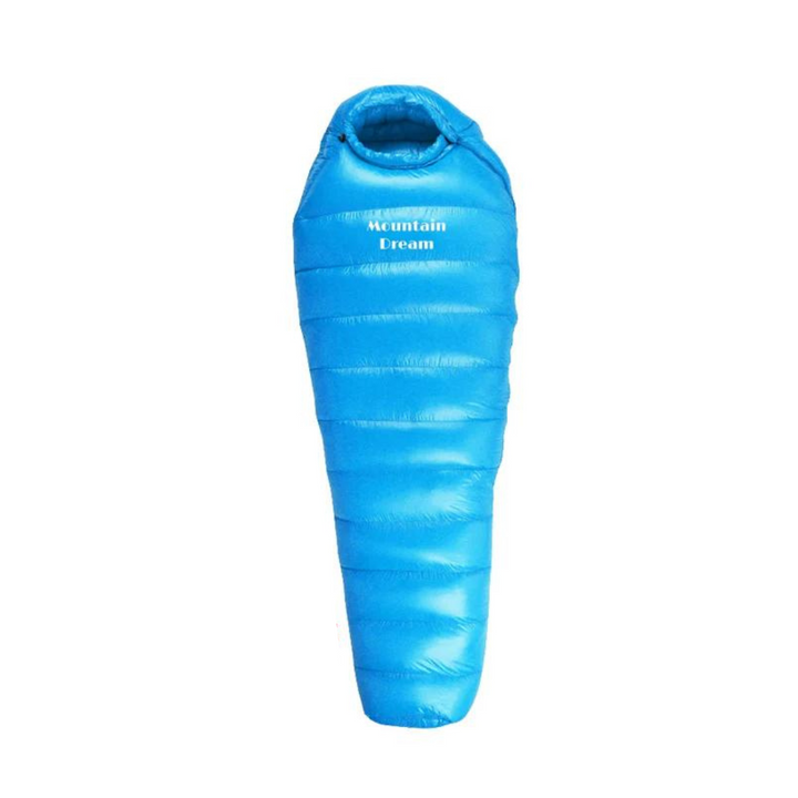 Blauer Daunenschlafsack für Camping, Mumienform, isoliert, leicht, Outdoor-Ausrüstung.