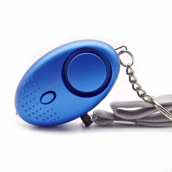 Blauer persönlicher Alarm, oval, mit Schlüsselanhänger und grauem Band für Sicherheitsschutz.