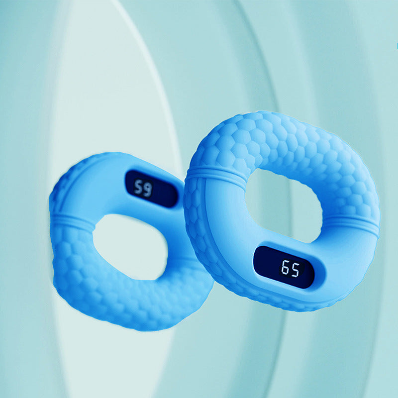 Blaue Silikon-Handtrainer mit digitalem Zähler, Fitnessgerät für Handkrafttraining.