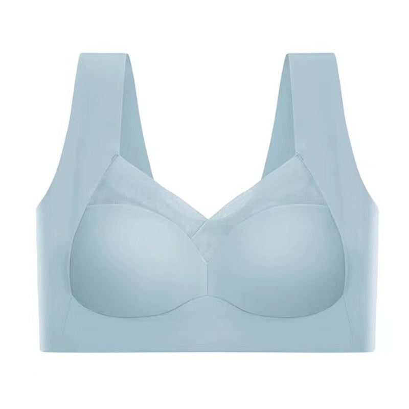 Hellblauer nahtloser Damen-BH, bequem, elastisch, ohne Bügel, ideal für Alltag und Sport.