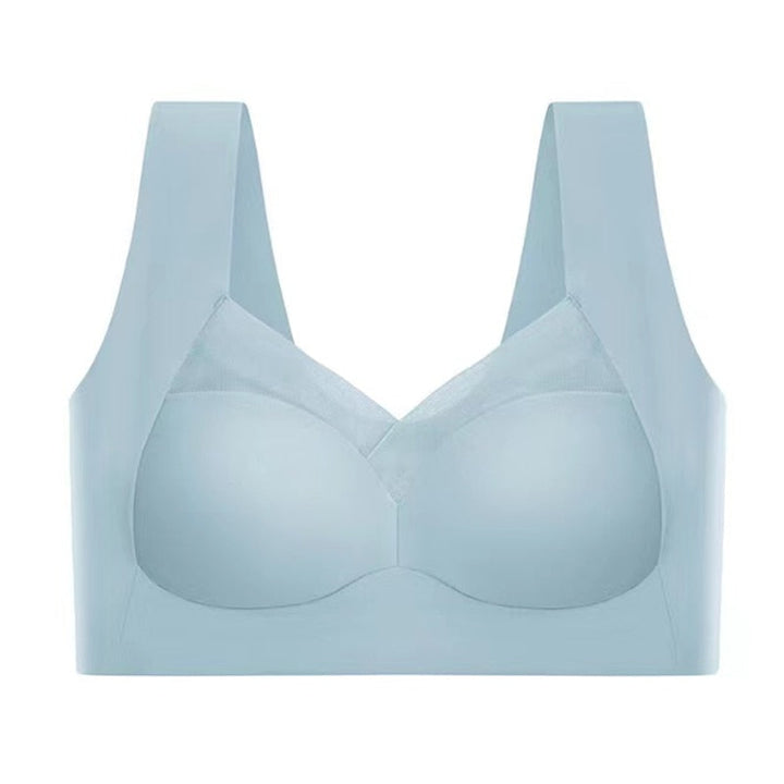 Hellblauer nahtloser Damen-BH, bequem, elastisch, ohne Bügel, ideal für Alltag und Sport.