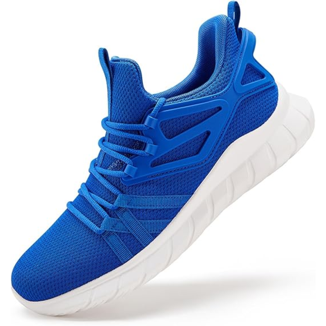 Blaue Sportschuhe, atmungsaktiv, Mesh-Obermaterial, weiße Sohle, Herren Sneaker, Laufen.