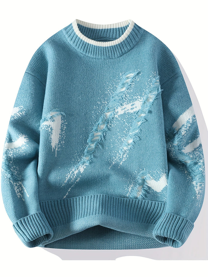 Blauer Strickpullover mit abstraktem Muster, Rundhalsausschnitt, lange Ärmel, Baumwolle.